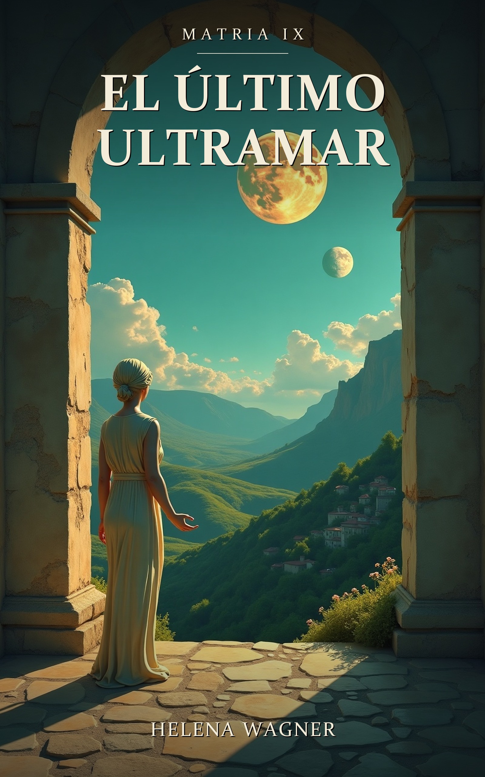 Cubierta de El último ultramar: una mujer de espaldas bajo un arco de piedra, mirando un valle verde bajo dos lunas