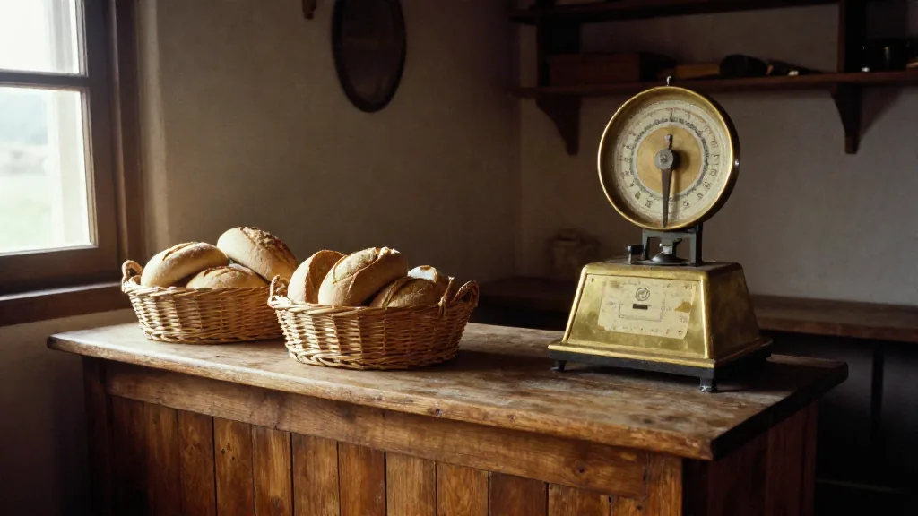 Mostrador de una panadería de pueblo en los años setenta, con el pan en cestas de mimbre