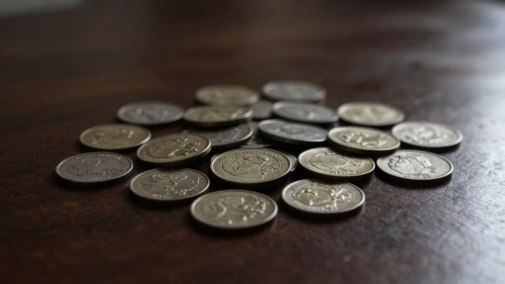 Monedas de peseta gastadas sobre un mostrador de madera oscura