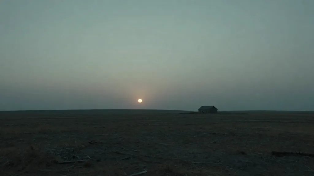 Una llanura de otro planeta al atardecer, con dos soles bajos sobre el horizonte y una casa pequeña de piedra en la distancia