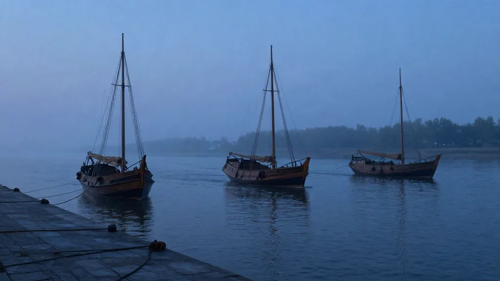 Un puerto fluvial de madrugada con tres barcos de vela soltando amarras